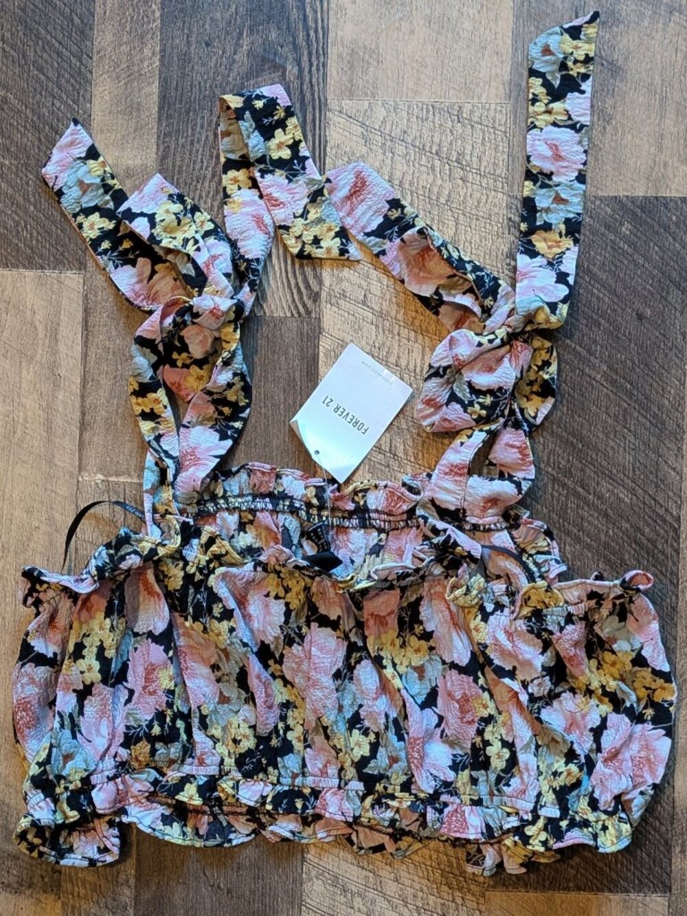 Forever 21 Crop Top Black Floral Plus Size 0X Tank Tie-Straps